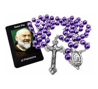 St Pio Rosary Purple Pearl Beads Padre Pio Medal Crucifix Holy Card Set | Silver Tone Crucifix Devotional Keepsake Catholic Prayer Gift