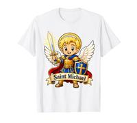 St Saint Michael for Kids Catholic Archangel Chibi Pray Value Graphic T-Shirt, Men, White, XL