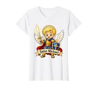 St Saint Michael for Kids Catholic Archangel Chibi Pray Value Graphic T-Shirt, Women, White, S