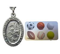 St Sebastian Medal All Sports Patron Athletes Pewter Pendant Prayer Card | Velour carry bag included, measures 3 inches, no gemstone, great gift for coaches or teams, protective faith keepsake