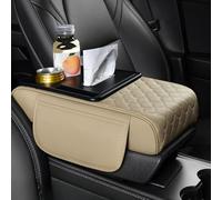 ST SoleMe.Tc Multifunctional Car Armrest Cushion with Cup Holder & Storage Pocket & Tissue Box, 5-In-1 Arm Rest Cover Pad for Car Accessories Interior, Grid, Beige