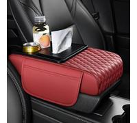 ST SoleMe.Tc Multifunctional Car Armrest Cushion with Cup Holder & Storage Pocket & Tissue Box, 5-In-1 Arm Rest Cover Pad for Car Accessories Interior, Water Ripples, Red