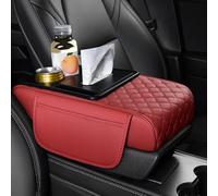 ST SoleMe.Tc Multifunctional Car Armrest Cushion with Cup Holder & Storage Pocket & Tissue Box, 5-In-1 Arm Rest Cover Pad for Car Accessories Interior, Grid, Red
