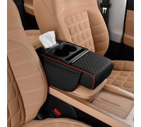 ST SoleMe.Tc Multifunctional Car Armrest Cushion with Cup Holder & Tissue Box & Side Pockets, Central Arm Rest Storage Box for Car Accessories Interior, Embossed, Black-red