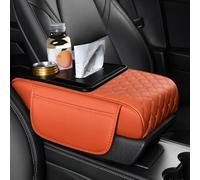 ST SoleMe.Tc Multifunctional Car Armrest Cushion with Cup Holder & Tissue Box & Storage Pocket, 5-In-1 Arm Rest Cover Pad for Car Accessories Interior, Grid, Emma Orange