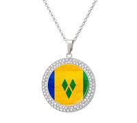 St. Vincent And The Grenadines Wood Flag Women's Necklaces Lightweight Round Alloy Pendant Diamond Necklace Ladies Jewelry Gift Silver-style
