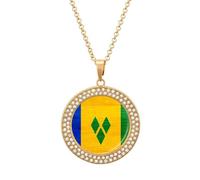 St. Vincent And The Grenadines Wood Flag Women's Necklaces Lightweight Round Alloy Pendant Diamond Necklace Ladies Jewelry Gift Golden-style