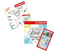 STABILO Brush Pens with Hand Lettering Guide Pen 68 brush Wallet of 12 Assorted Colours + How to Hand Letter Guide