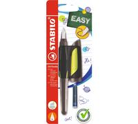 STABILO EASYbuddy - Ergonomic School Fountain Pen - L-Nib - Left-Handed - Pack of 1 - Black/Lime including Blue Ink Cartridge