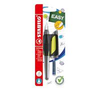 STABILO EASYbuddy - Ergonomic School Fountain Pen - M-Nib (Medium) - Right-Handed - Pack of 1 - Black/Lime including Blue Ink Cartridge