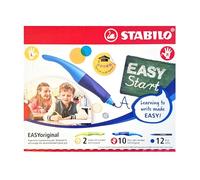 STABILO EASYoriginal - Ergonomic Rollerball - Classpack of 12 - with 10 Right-Handed Dark Blue/Light Blue, 2 Left-Handed Lime/Green with 12 Blue Refills