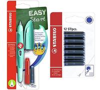 STABILO Ergonomic School Fountain Pen EASYbirdy A Nib Right Handed Aqua Green/Mint + tool for nib exchange+ Blue Refills Blister of 12