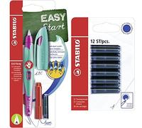 STABILO Ergonomic School Fountain Pen EASYbirdy A Nib Right Handed Turquoise/Neon Pink+ Blue Refills Blister of 12