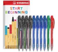 STABILO liner 308 - Retractable Ballpoint Pen - Fine 0.7mm Nib Pens - Envelope Gift Pack of 10 (Black, Blue, Green, Red)