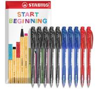 STABILO liner 308 - Retractable Ballpoint Pen - Fine 0.7mm Nib Pens - Envelope Gift Pack of 10 (Black, Blue, Red)