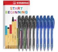 STABILO liner 308 - Retractable Ballpoint Pen - Fine 0.7mm Nib Pens - Envelope Gift Pack of 10 (Black, Blue)