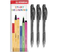 STABILO liner 308 - Retractable Ballpoint Pen - Fine 0.7mm Nib Pens - Envelope Gift Pack of 3 (Black)