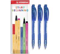 STABILO liner 308 - Retractable Ballpoint Pen - Fine 0.7mm Nib Pens - Envelope Gift Pack of 3 (Blue)