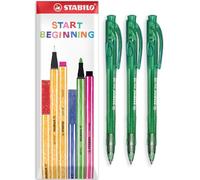 STABILO liner 308 - Retractable Ballpoint Pen - Fine 0.7mm Nib Pens - Envelope Gift Pack of 3 (Green)