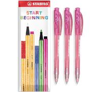 STABILO liner 308 - Retractable Ballpoint Pen - Fine 0.7mm Nib Pens - Envelope Gift Pack of 3 (Pink)
