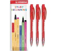STABILO liner 308 - Retractable Ballpoint Pen - Fine 0.7mm Nib Pens - Envelope Gift Pack of 3 (Red)