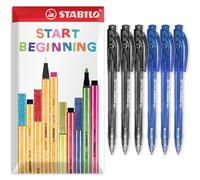 STABILO liner 308 - Retractable Ballpoint Pen - Fine 0.7mm Nib Pens - Envelope Gift Pack of 6 (Black, Blue)
