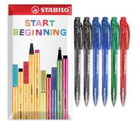 STABILO liner 308 - Retractable Ballpoint Pen - Fine 0.7mm Nib Pens - Envelope Gift Pack of 6 (Black, Blue, Green, Red)