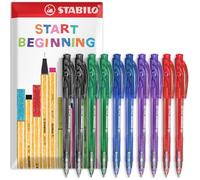 STABILO liner - Retractable Ballpoint Pen - Fine 0.7mm Nib Pens - Envelope Gift Pack of 10 (Mixed)