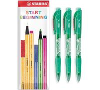 STABILO marathon - Retractable Ballpoint Pen - Fine 0.7mm Nib Pens - Envelope Gift Pack of 3 (Green)