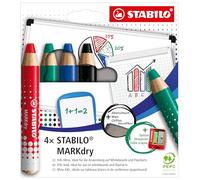 STABILO MARKdry - Whiteboard and Flipchart Marker Pencil - Pack of 4 - Assorted Colours with Sharpener and Wiping Cloth