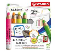 STABILO MARKdry - Whiteboard and Flipchart Marker Pencil - Pack of 4 - Assorted Neon Colours with Sharpener and Wiping Cloth