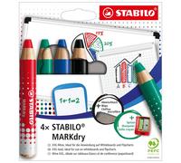 STABILO Whiteboard & Flipchart Marker MARKdry – Pack of 4, Assorted Colours with Sharpener & Cloth