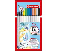 STABILO Pen 68 Brush – Premium Fibre-Tip Pen – Wallet of 12 Assorted Colours