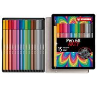 Premium Felt Tip Pen - STABILO Pen 68 Metal Box of 15 assorted colours