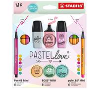 STABILO Pen Set Pastellove Set - point 88 Mini, Pen 68 Mini & BOSS MINI - Pack of 18 - Assorted Colours