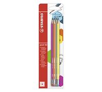 STABILO pencil 160 - Hexagonal Graphite Pencil with Eraser - Pack of 4 - Pink, Blue, Orange, Yellow - Degree HB