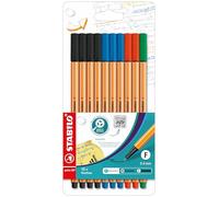 STABILO Fineliner point 88 – 0.4mm fine nib – Pack of 10 Office Colours (Black, Blue, Red, Green)