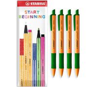 STABILO pointball Ballpoint Pen - 0.5mm Line Width - Refillable & Retractable - Pack of 4 Pens in Envelope Gift Packaging - Green Ink