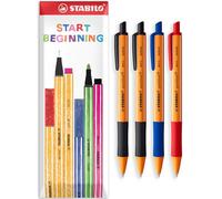 STABILO pointball Ballpoint Pen - 0.5mm Line Width - Refillable & Retractable - Pack of 4 Pens in Envelope Gift Packaging - Black, Blue, Red Ink