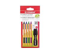 STABILO pointball & GREEN BOSS - Ballpoint Pen - Pack of 5 - Black, Blue, Green, Lilac with Yellow Highlighter