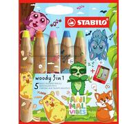 STABILO woody 3-in-1 Animal Vibes - Multi-Talented Pencil - Pack of 5 - Assorted Colours with Sharpener
