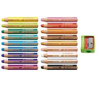 STABILO woody 3-in-1 Colouring Pencil, Watercolour & Wax Crayon, Pack of 18 with Sharpener in Green
