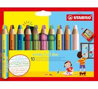STABILO woody 3-in-1 duo - Multi-Talented Pencil - Pack of 10 - Assorted Colours with Sharpener