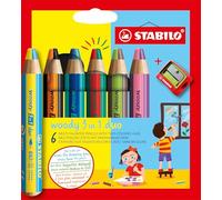 STABILO woody 3-in-1 duo - Multi-Talented Pencil - Pack of 6 - Assorted Colours with Sharpener