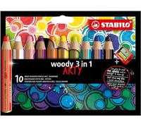 STABILO woody 3-in-1 - Multi-Talented Pencil - ARTY - Pack of 10 - Assorted Colours with Sharpener
