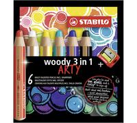 STABILO woody 3 in 1 - Multi-Talented Pencil - ARTY - Pack of 6 - Assorted Colours with Sharpener