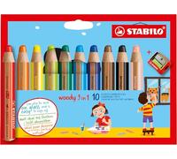 STABILO woody 3-in-1 - Multi-Talented Pencil - Pack of 10 - Assorted Colours with Sharpener