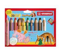 STABILO woody 3-in-1 - Multi-Talented Pencil - Pack of 10 - Birthday Edition - Assorted Colours with Sharpener