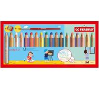 STABILO woody 3-in-1 - Multi-Talented Pencil | Pack of 18 - Assorted Standard Pastel Colours with Sharpener Paint Brush