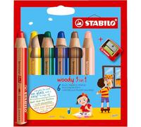 STABILO woody 3-in-1 - Multi-Talented Pencil | Pack of 6 - Assorted Colours with Sharpener